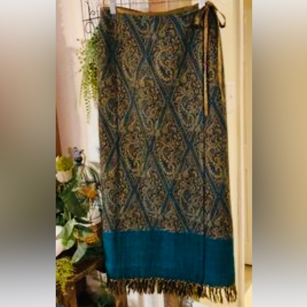 Vintage Karen Kane Wool A-Line Wrap Paisley Skirt with Fringe Size M/L